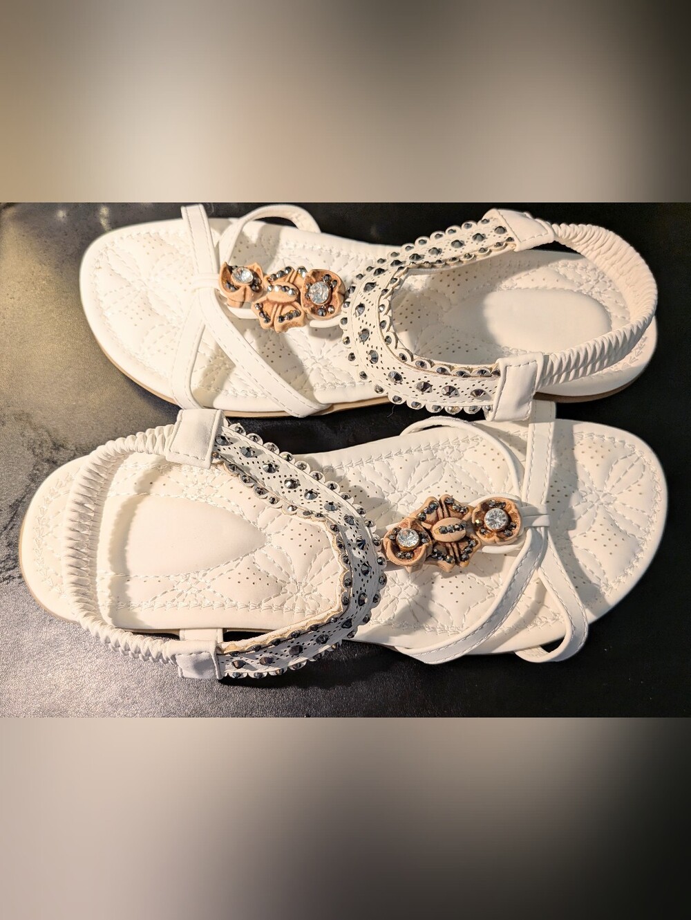 Women's White Jeweled T-Strap Sandals with Elastic Back